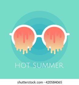 Flat sunglasses with  dotted design lens. Abstract  vintage sunglasses isolated on blue background with hot summer time