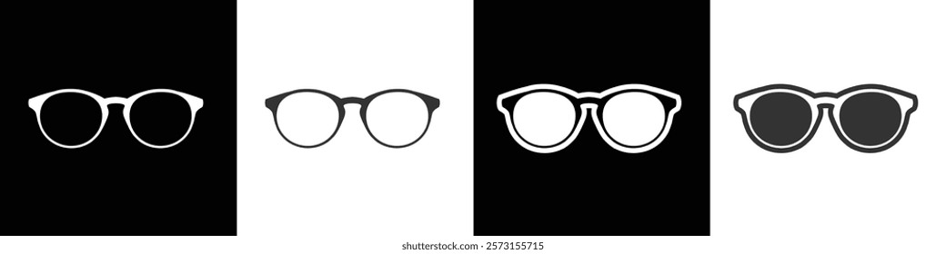 Flat Sunglasses icons. Men and women glasses, Simple different sunglasses. Eyewear Sun Protection Sunglass Vector Illustration in black, white and transparent background. Eps10