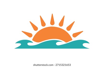 Icono plano de la salida del sol sobre las olas del océano que simboliza la naturaleza, los viajes de verano, la energía tranquila y la belleza costera.
