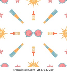Botella de protector solar plana y tubo sin patrón. Bloqueador solar, spf, gafas de sol, loción y conjunto de cosméticos para la protección del verano. Fondo repetitivo, estilo plano, decoración ideal para el cuidado de la piel o tema de verano.