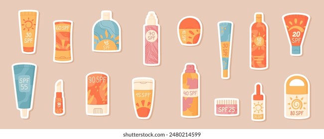 Flat sunscreen product bottle sticker collection, creative patch pack with sun screen cream product and uv factor protection cosmetic tube, isolated spf spray container, cartoon solar block oil pack.