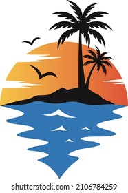 Flat sunset background with palm trees logo. Vector illustration for logo. EPS 10