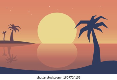 Flat sunset landscape with island and palm trees