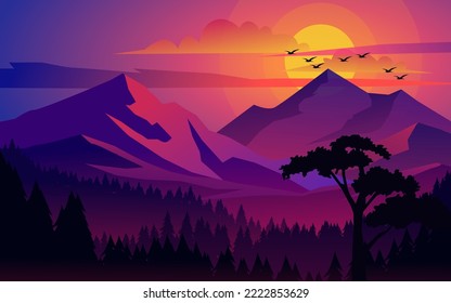 Flat sunset landscape with mountain and forest vector scenery illustration