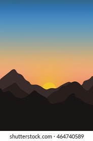 Flat sunset landscape. Mountains, sun, sky. Vector illustration.