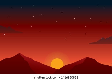 Flat sunset landscape vector illustration suitable for web background
