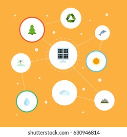 Flat Sunshine, Isle Beach, Sun Power And Other Vector Elements. Set Of Eco Flat Symbols Also Includes Sunny, Spruce, Solar Objects.