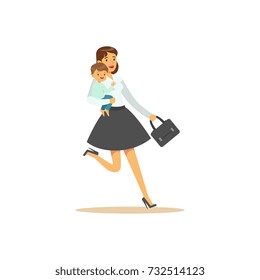 Flat super mom character with child, running