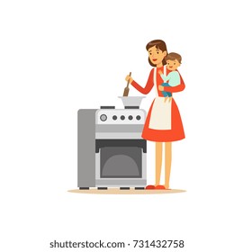 Flat super mom cooking character with child