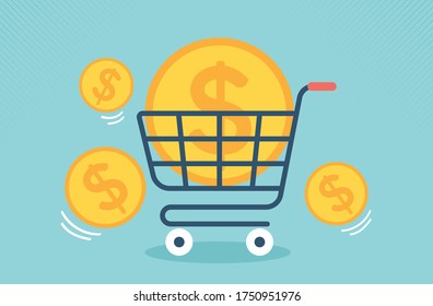 Flat supermarket cart icon with big golden coin money. Vector illustration design.