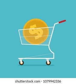 Flat Supermarket Cart Icon with Golden Coin Money