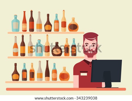 Flat Supermarket Seller in Uniform. Alcohol Bottles on Background. Colorful Vector Illustration