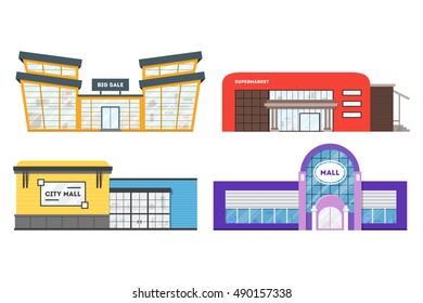 Flat supermarket. Shopping mall building. Set of colorful funny cartoon city store. Market shop place. Business marketing collection. Isolated vector illustration.