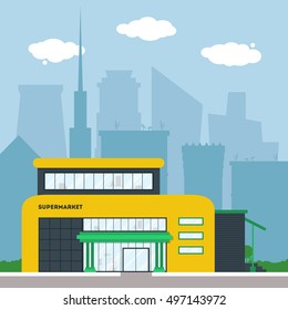 Flat supermarket. Shopping mall building with green trees and grass. City background for card, banner, real estate, poster or postcard. Market shop place. Business marketing. Vector illustration.