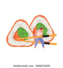 Flat sushi icon with salmon maki and character holding chopsticks vector illustration
