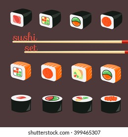 Flat Sushi Icons Set. Asian Menu.