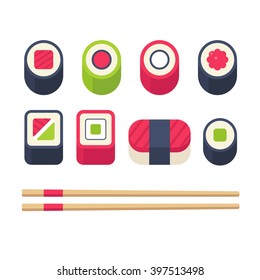 Flat sushi icons set. Japanese food, sushi rolls and sashimi with chopsticks. Vector illustration.