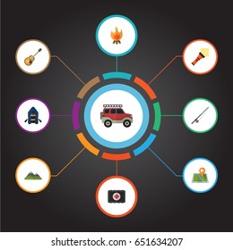 Flat Suv, Fishing, Fist Aid And Other Vector Elements. Set Of Camp Flat Symbols Also Includes Pocket, Mount, Suv Objects.