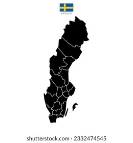 Flat Sweden map with division to region. Sweden map isolated on white background. Illustration with national flag.
