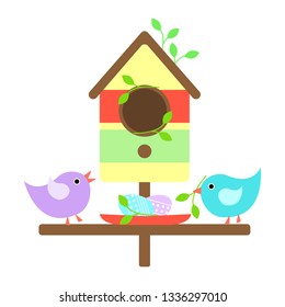 Flat, Sweet, Naive Illustration: Mom And Dad - Birds Are Building A Nest For Their Eggs Near The Birdhouse. Spring Easter Card