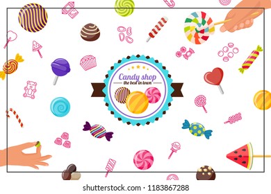 Flat sweet products concept with colorful candies of different shapes ice cream cakes lollipops in rectangular frame vector illustration