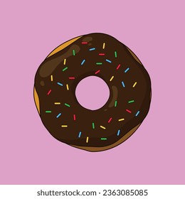Flat Sweet Yummy Chocolate Brown Donut with Prinkles Vector Illustration Icon