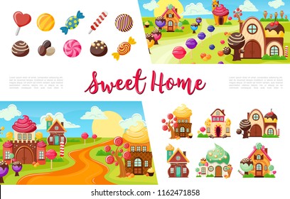 Flat sweets colorful collection with candies and lollipops of different shapes funny sweet houses vector illustration