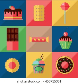 Flat sweets icons vector collection. Ice cream, donut, chocolate, cake, candy, bakery and lolly pop. Modern trendy set