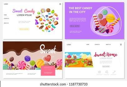 Flat sweets websites set with colorful chocolate caramel candies ice cream lollipops funny sweet houses vector illustration