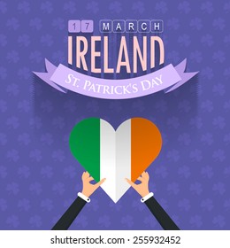 Flat Syle Happy Saint Patricks Day, Ireland National Day Hand Hold Flag