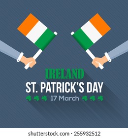 Flat Syle Happy Saint Patricks Day, Ireland National Day Hand Hold Flag
