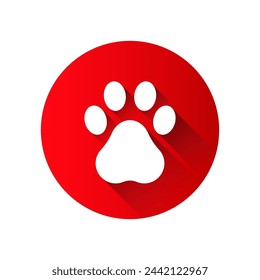 Flat symbol of an animal footprint of a dog or cat in a red circle. Vector illustration isolated on white background