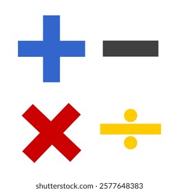 Flat symbol of a math symbols.  Basic operations with numbers. Circular icons of addition, subtraction, multiplication and others