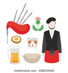 Flat symbol of Scotland, United Kingdom. Man bagpiper in national clothing, scottish musical instrument bagpipe and thistle sign. Food traditional haggis, whiskey, beer and eggs.