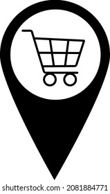 The flat symbol of the supermarket location. Geolocation point, black silhouette. Grocery store nearby.