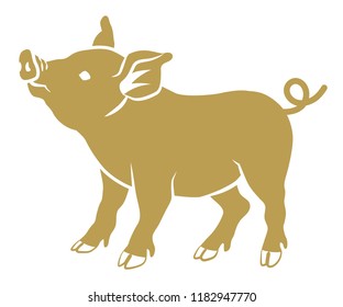 Flat Symbolic Pig - golden color, Side View