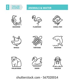 Flat symbols about animals and water. Thin line icons set.