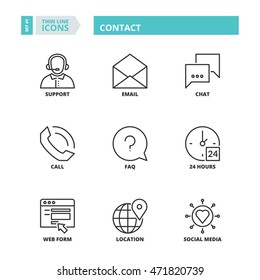 Flat symbols about contact. Thin line icons set.