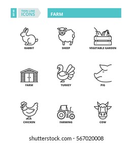 Flat symbols about farm. Thin line icons set.
