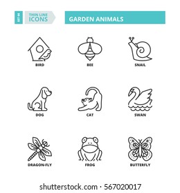 Flat symbols about garden animals. Thin line icons set.