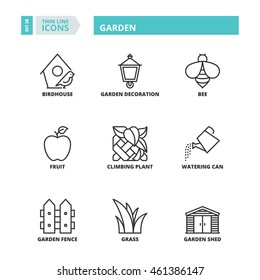 Flat symbols about garden. Thin line icons set.