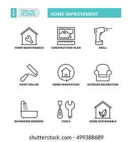 Flat Symbols About Home Improvement. Thin Line Icons Set.