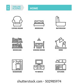 Flat symbols about home. Thin line icons set.