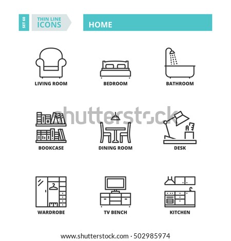 Flat symbols about home. Thin line icons set.