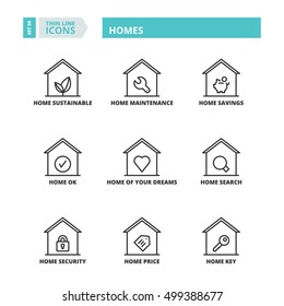 Flat symbols about homes. Thin line icons set.