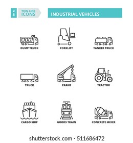 Flat symbols about industrial vehicles. Thin line icons set.