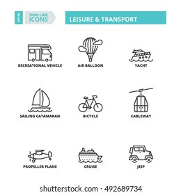Flat symbols about leisure and transport. Thin line icons set.