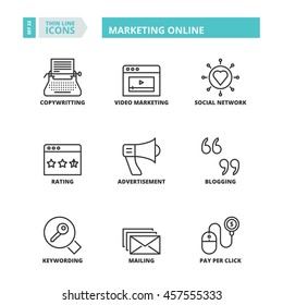 Flat symbols about marketing online. Thin line icons set.