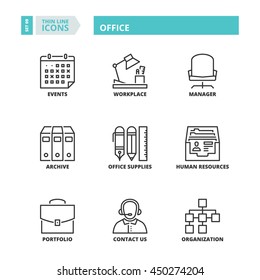 Flat symbols about office. Thin line icons set.