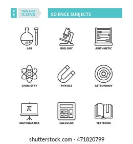 Flat symbols about school. Science subjects. Thin line icons set.